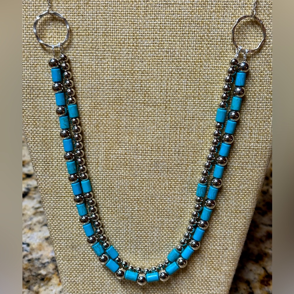 Handmade Double stranded Turquoise and Silver Necklace.